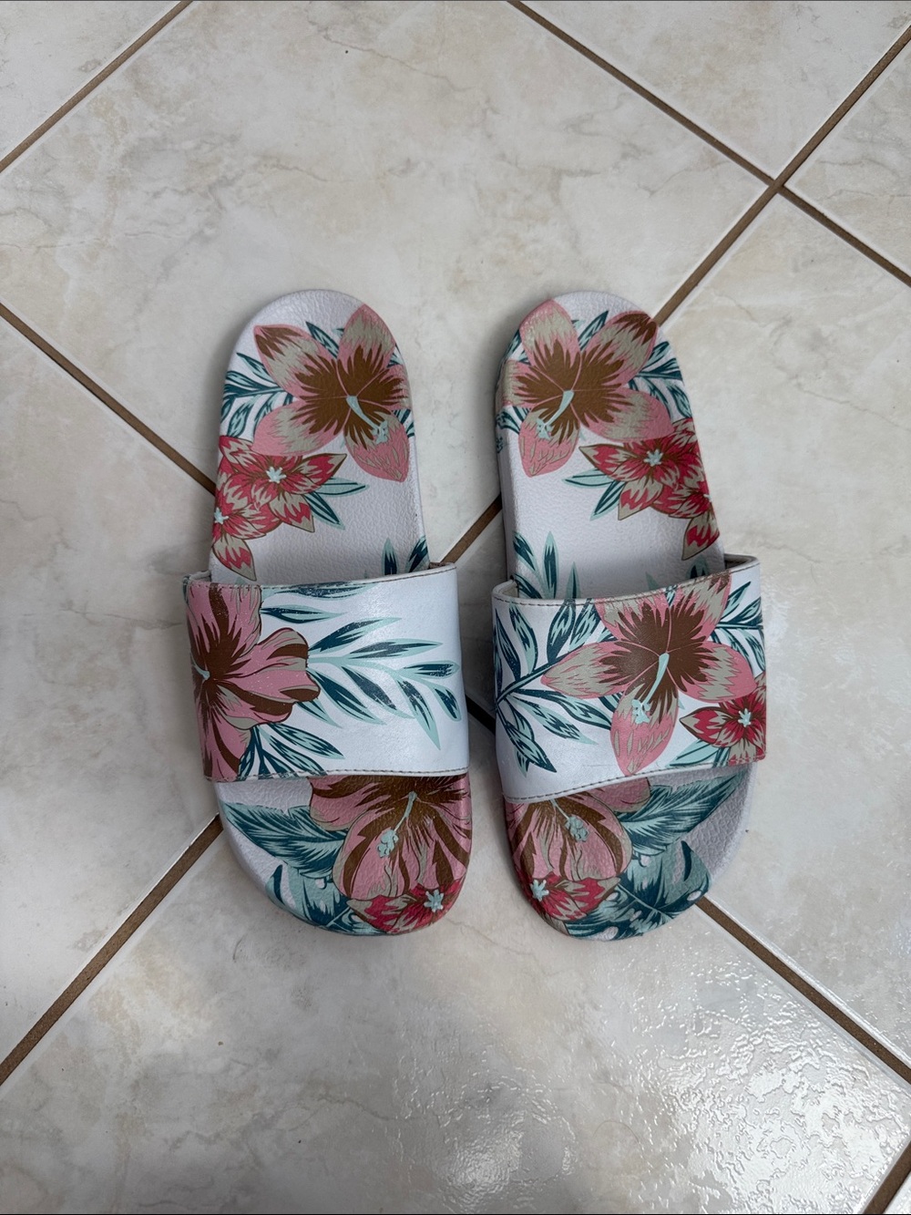 Floral Slide Sandals in Pink, Green & White
